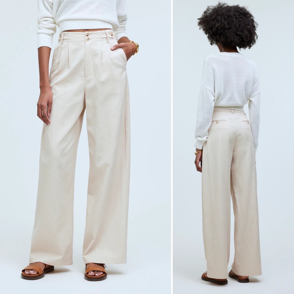 Madewell Harlow Wide-Leg Pants 4 Cream Khaki Pleated High Rise Trousers Linen